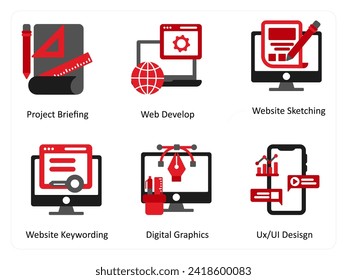 Seis íconos Tecnológicos Rojo y Negro como información de proyectos, desarrollo web, esbozo de sitios web