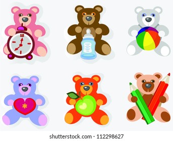 six teddy bear on the white background,greeting card,vectors illustration.