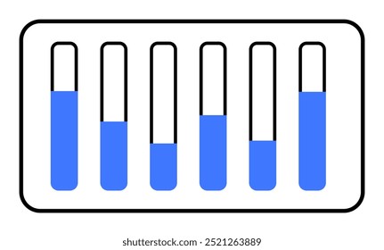 Seis tubos de ensayo con líquido azul en diferentes niveles en un estilo de Vector simple y minimalista. Ideal para la educación, la ciencia, los datos, la salud y los laboratorios.