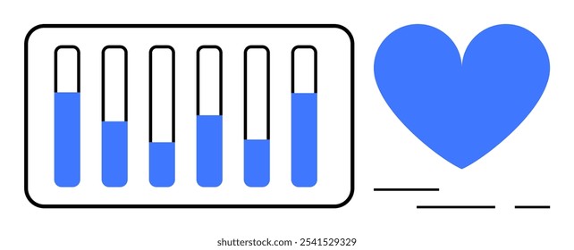 Seis tubos de ensayo con líquido azul en un estante junto a una forma de corazón azul sobre un fondo blanco Ideal para temas médicos, de laboratorio, de atención médica, de biología y de amor. Estilo minimalista simple