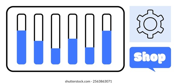 Six test tubes with varying blue liquid levels on left. Gear symbol and a blue Shop text in a speech bubble are on right. Ideal for science, technology, laboratory, online shopping, and ecommerce