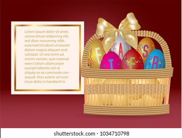 six text easter on multicolor eggs in wicker baskets with gradient red background,vector,illustrator.