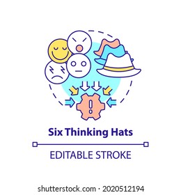 Six thinking hats concept icon. Method for evaluating. Find solution. Creative thinking. Problem solving idea thin line illustration. Vector isolated outline RGB color drawing. Editable stroke