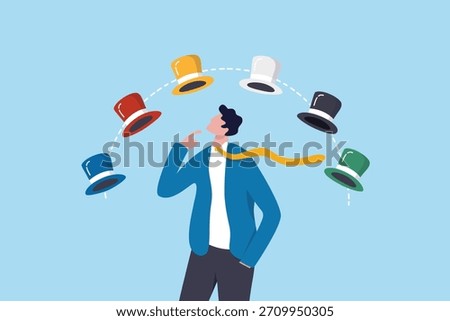 Six thinking hats idea, role responsibility or difference objectives, thought or mindset, planning to solve problem, psychology concept, businessman thinking to choose between six thinking hats.