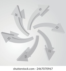 Seis flechas tridimensionales expandiendo Ilustración vectorial monótona infográfica exterior