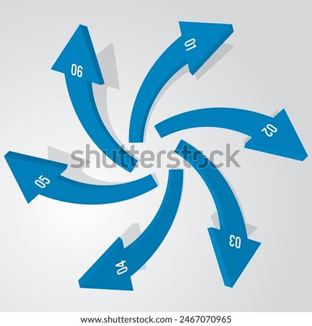 Six three-dimensional arrows expanding outward infographic blue vector illustration