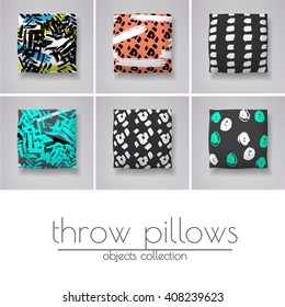 Six throw pillows with various covers. Scandinavian style cushion design.