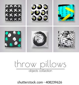 Six throw pillows with various covers. Scandinavian style cushion design.