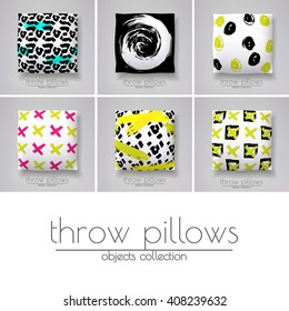 Six throw pillows with various covers. Scandinavian style cushion design.