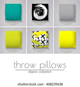 Six throw pillows with various covers. Scandinavian style cushion design.