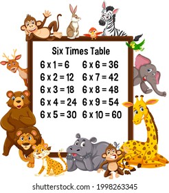 Six Times Table with wild animals illustration