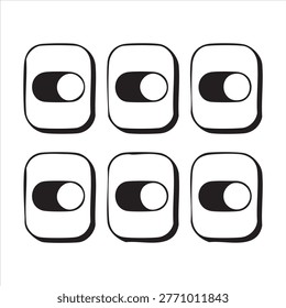 Six toggle switch buttons in off position, rounded square shape, user interface control elements