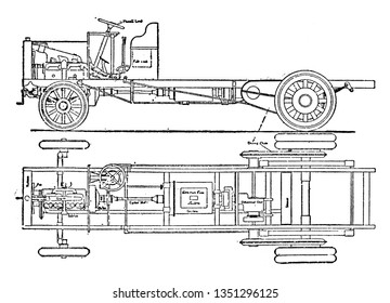 Six Ton Wagon Chassis is with it less weight below the springs than with any other form of final drive, vintage line drawing or engraving illustration.