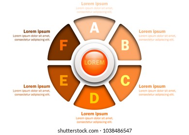 Six topics Orange chart in paper cut style with marble circle in center for website presentation cover poster vector design infographic illustration concept