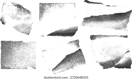 Six torn paper fragments with stippled texture and rough edges