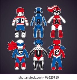  Six toy superheroes. Vector cartoon characters fit for t-shirt design.