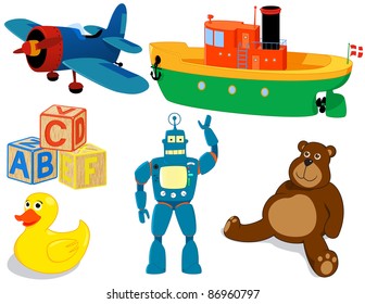 Six toys set. Plane, boat, cubes, duck, robot and bear.