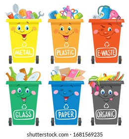 Six trash cans of different colors for separate garbage collection.  In cartoon style. Metal, paper, organic, plastic, glass and electronic waste. Vector illustration. Isolated on white background.