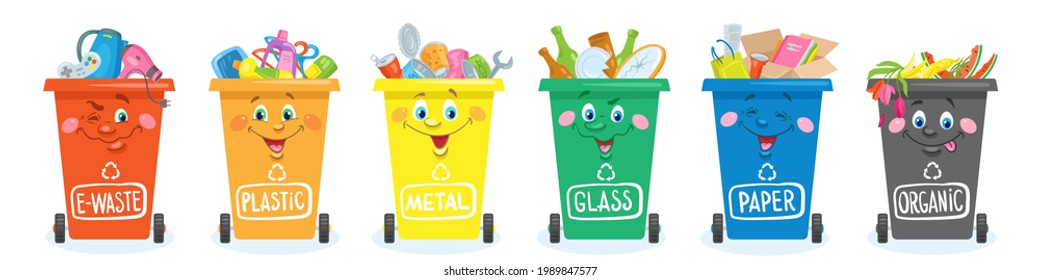 Seis botes de basura de diferentes colores para la recolección de basura por separado. Cartel al estilo de las caricaturas. Residuos orgánicos, de papel, vidrio, metal, plástico y electrónico. Ilustración plana vectorial. Aislado en blanco.