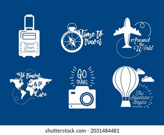 six travel letterings with icons