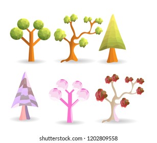 Six tree polygon set, nature object isolated with white background concept, geometric and triangle shape design, vector art and illustration.  