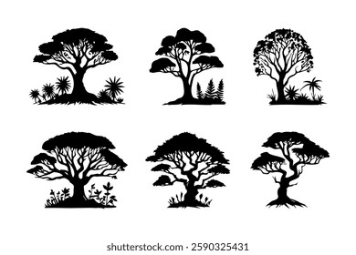 Six tree silhouette illustrations isolated on a white background