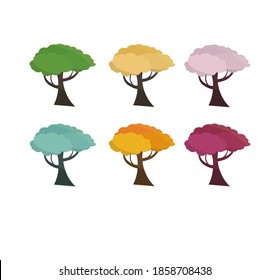 Sechs Bäume im Stil von Flöte auf weißem Hintergrund. Amerikanische Jungeiche. Rosa, blaue, grüne, violette, orangefarbene Bäume. Das Konzept für Symbole oder Spiele