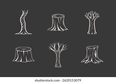 Six trees and tree stumps illustration on a grey background