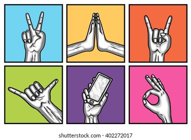 Six trendy gestures hands. Hand drawn vector illustration. Isolated. Doodle.