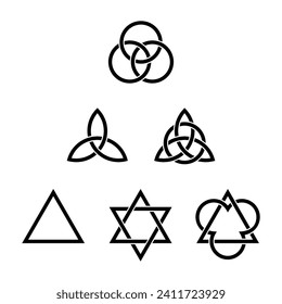 Six Trinity symbols. Ancient Christian symbols, formed by interlaced triangles, Celtic triquetras, and circles, representing the union of the persons Father, the Son Jesus Christ and the Holy Spirit.