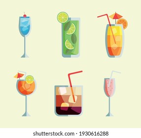 six tropical cocktails cups drinks