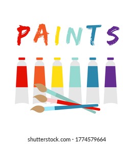 Six tubes of paint and brushes. Flat vector illustration on white background.
