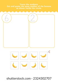 Six And Two Counting And Tracing Number Worksheet. Cut And Paste Worksheet With Pictures. Premium Vector Element.