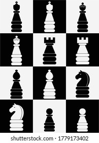 Six types of chess pieces, black and white