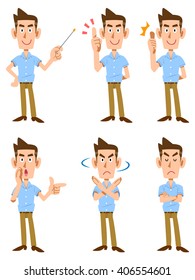 Six types of gesture and facial expression of male short-sleeved shirt