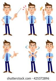 Six types of gesture and facial expression of a man who was wearing a short-sleeved shirt and tie