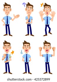 Six types of gesture and facial expression of a man who was wearing a short-sleeved shirt and tie