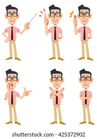 Six types of gesture and facial expression of a man who was wearing a short-sleeved shirt and tie wearing glasses