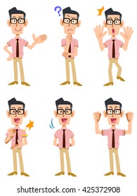 Six types of gesture and facial expression of a man who was wearing a short-sleeved shirt and tie wearing glasses