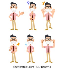 Six types of gestures and facial expressions of a masked man wearing glasses and a short-sleeved shirt and tie