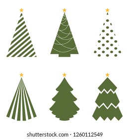 Six types of green Christmas trees on white background. Flat design for business financial marketing banking advertising web concept cartoon illustration