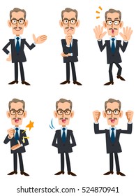 Six types of poses and gestures of elderly men wearing a suit
