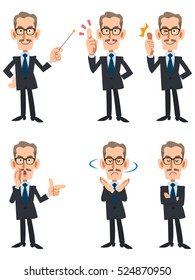 Six types of poses and gestures of elderly men wearing a suit