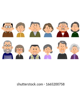 Six types of senior couples' facial expressions and upper body anger