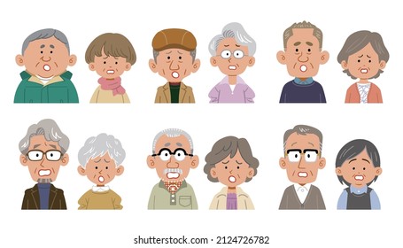 Six types of senior couple's facial expressions and upper body are in trouble