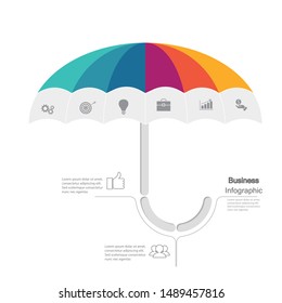 six umbrella elements with paper icons and a place for the text to be a white circle paper. Concept 6 features business development. Infographic design template. Vector illustration.