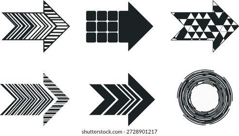 Six unique arrow icons with different geometric patterns, including stripes, triangles, and grids, on a white background