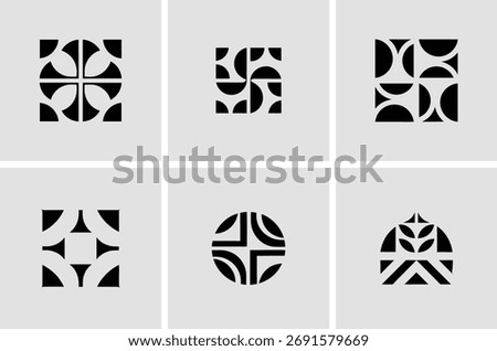 Six unique black abstract geometric logos with varied shapes and forms are presented on a light gray background.