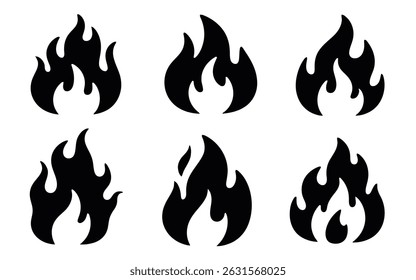 Six unique black flame icons, perfect for designs needing fire, heat, or energy symbols. Simple, bold, and versatile.