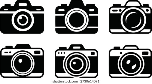 Seis iconos únicos de cámara de silueta negra con detalles blancos se presentan en un lienzo blanco puro, lo que significa una grabación visual.